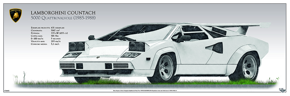 Illustrazione tecnica Lamborghini Countach 5000 Quattrovalvole – supercar anni 80
